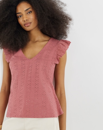 Pink V Neck Ruffle Sleeve Stretch Broderie Top