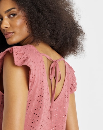 Pink V Neck Ruffle Sleeve Stretch Broderie Top