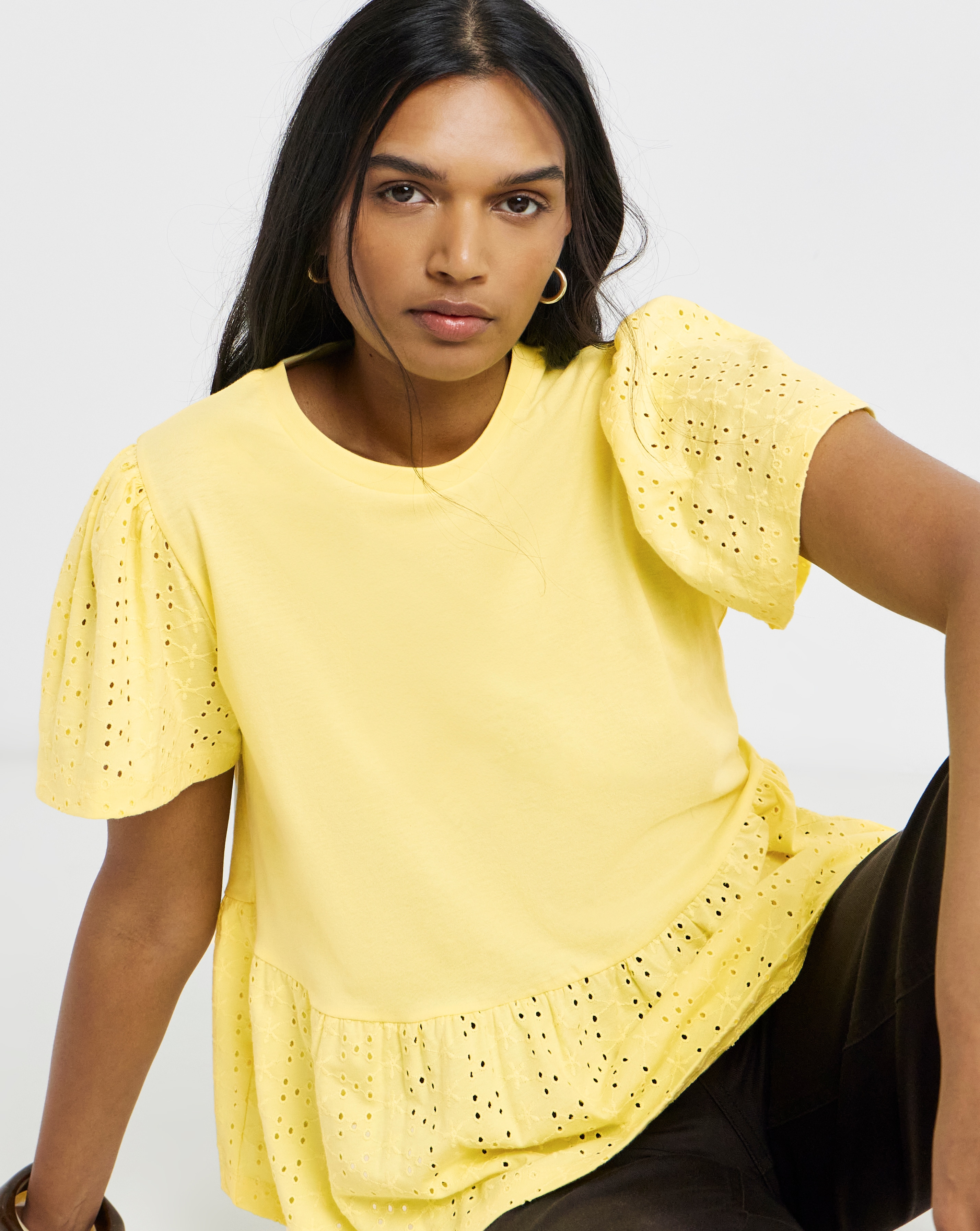New In - Crew Neck Peplum Broderie Top