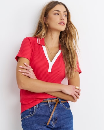 Simply Be Red & White Polo Collar Short Sleeve Top