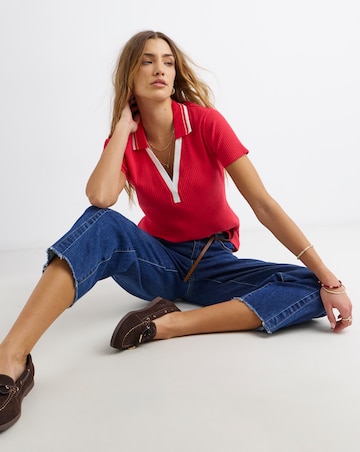 Simply Be Red & White Polo Collar Short Sleeve Top