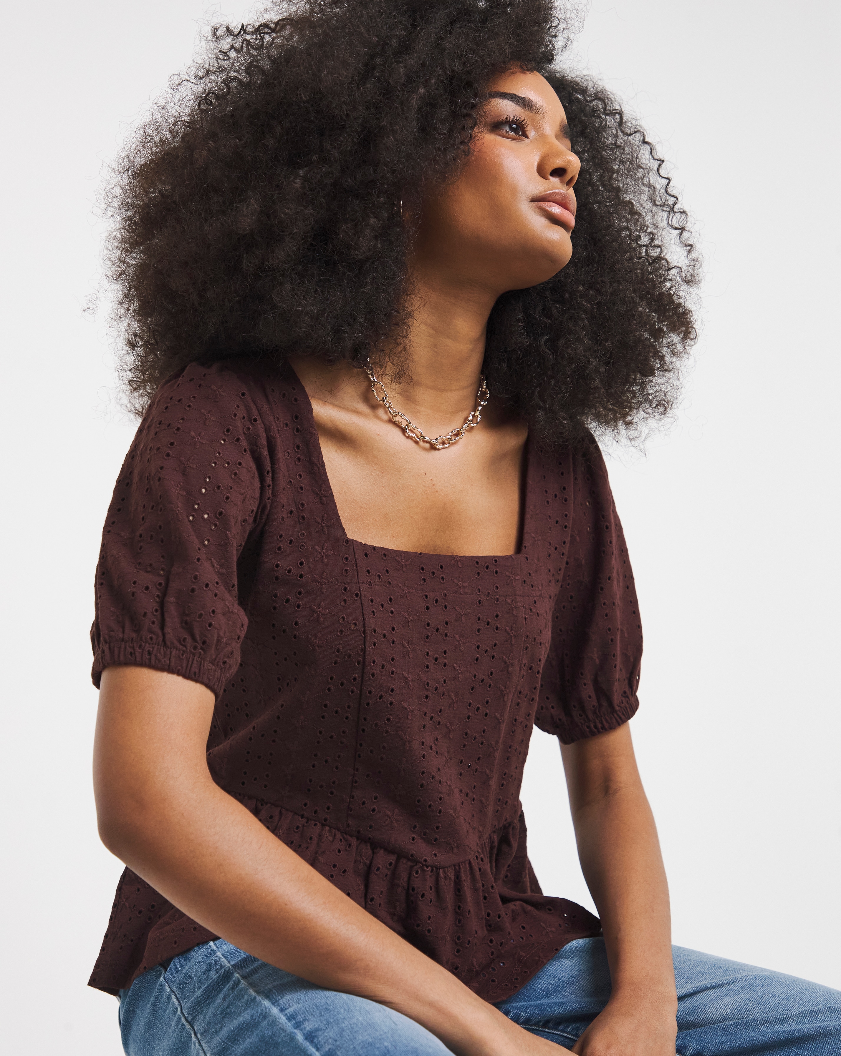 New In - Stretch Broderie Square Neck Peplum
