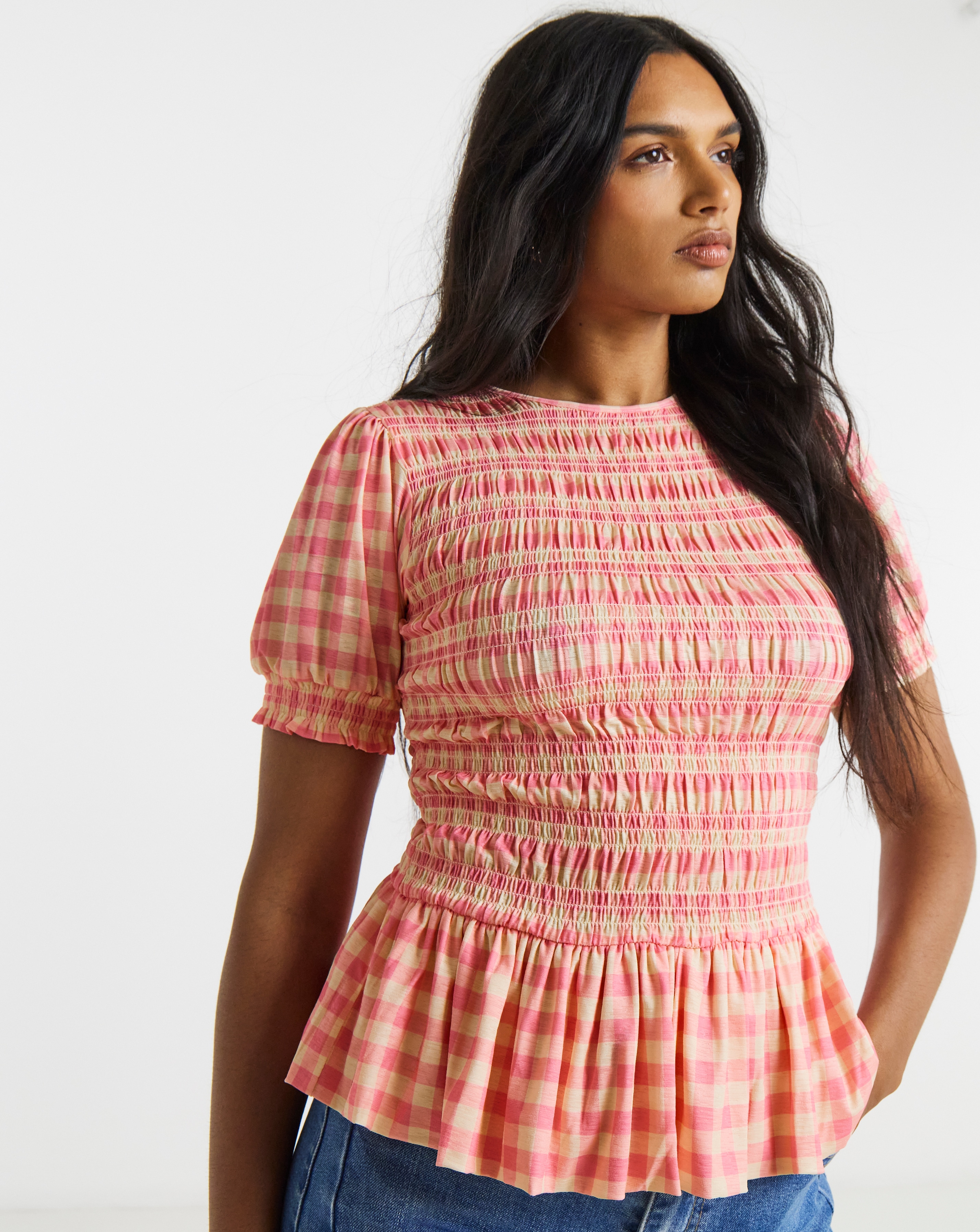 New In - Shirred Mesh Short Sleeve Top