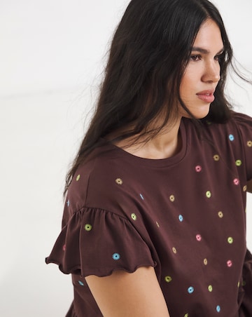Chocolate Ditsy Floral Embroidered Peplum Top
