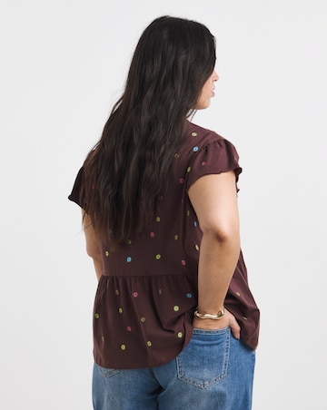 Chocolate Ditsy Floral Embroidered Peplum Top