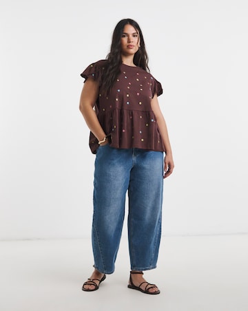 Chocolate Ditsy Floral Embroidered Peplum Top