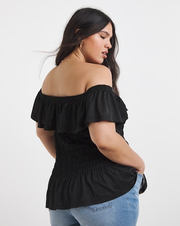 Black Ruffle Shirred Mesh Top