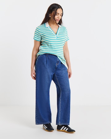 Blue Stripe Polo Collar Cap Sleeve Top