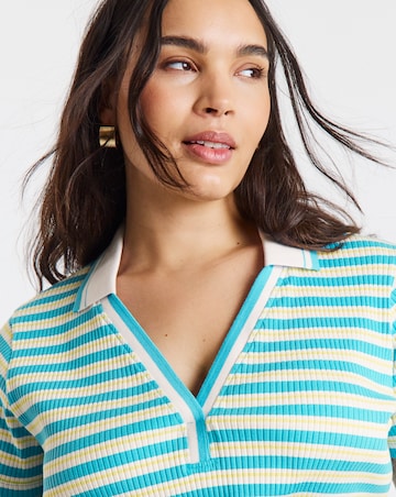 Blue Stripe Polo Collar Cap Sleeve Top