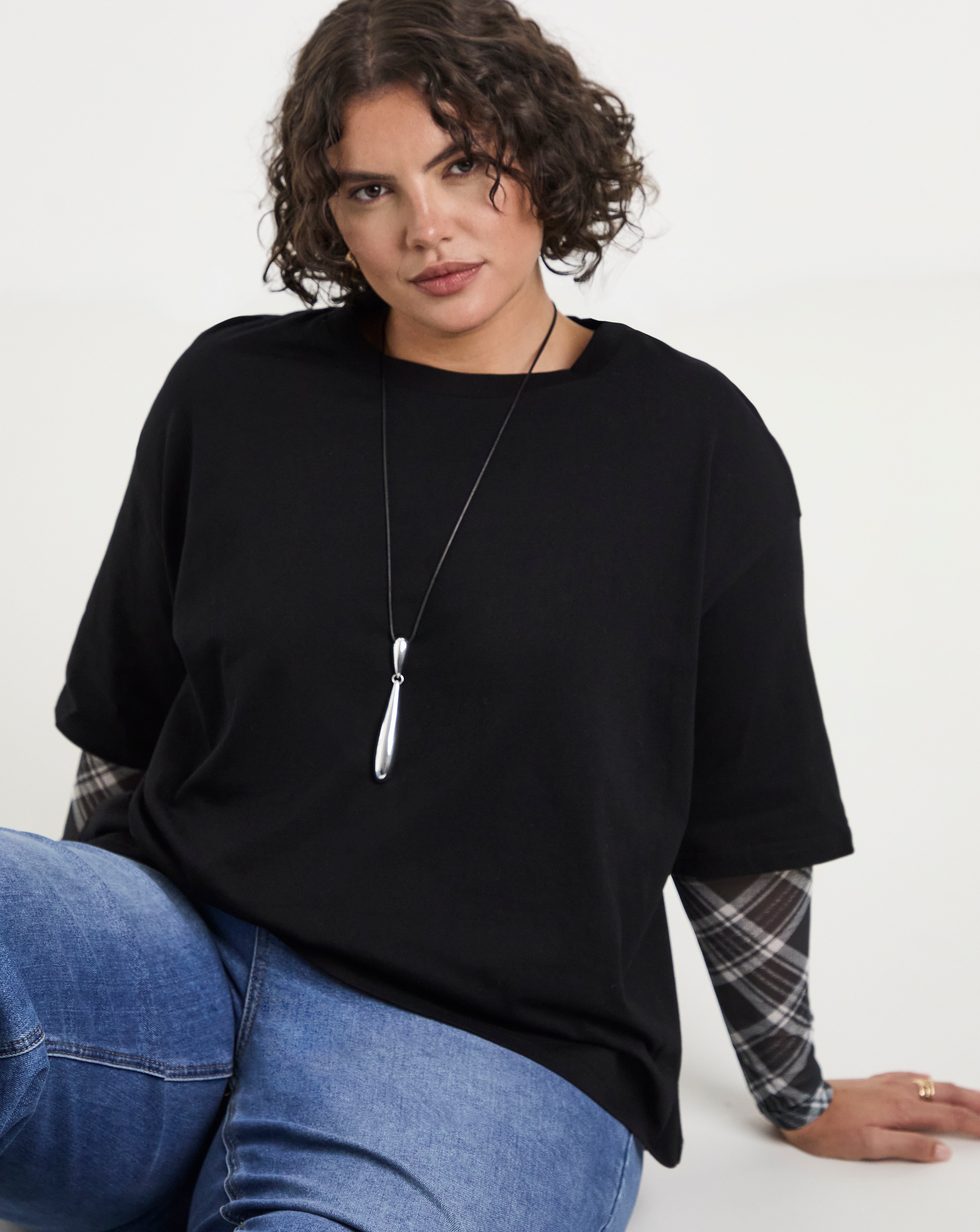 Simply Be Tonal Check Mesh Two in One Short Sleeve T-Shirt
