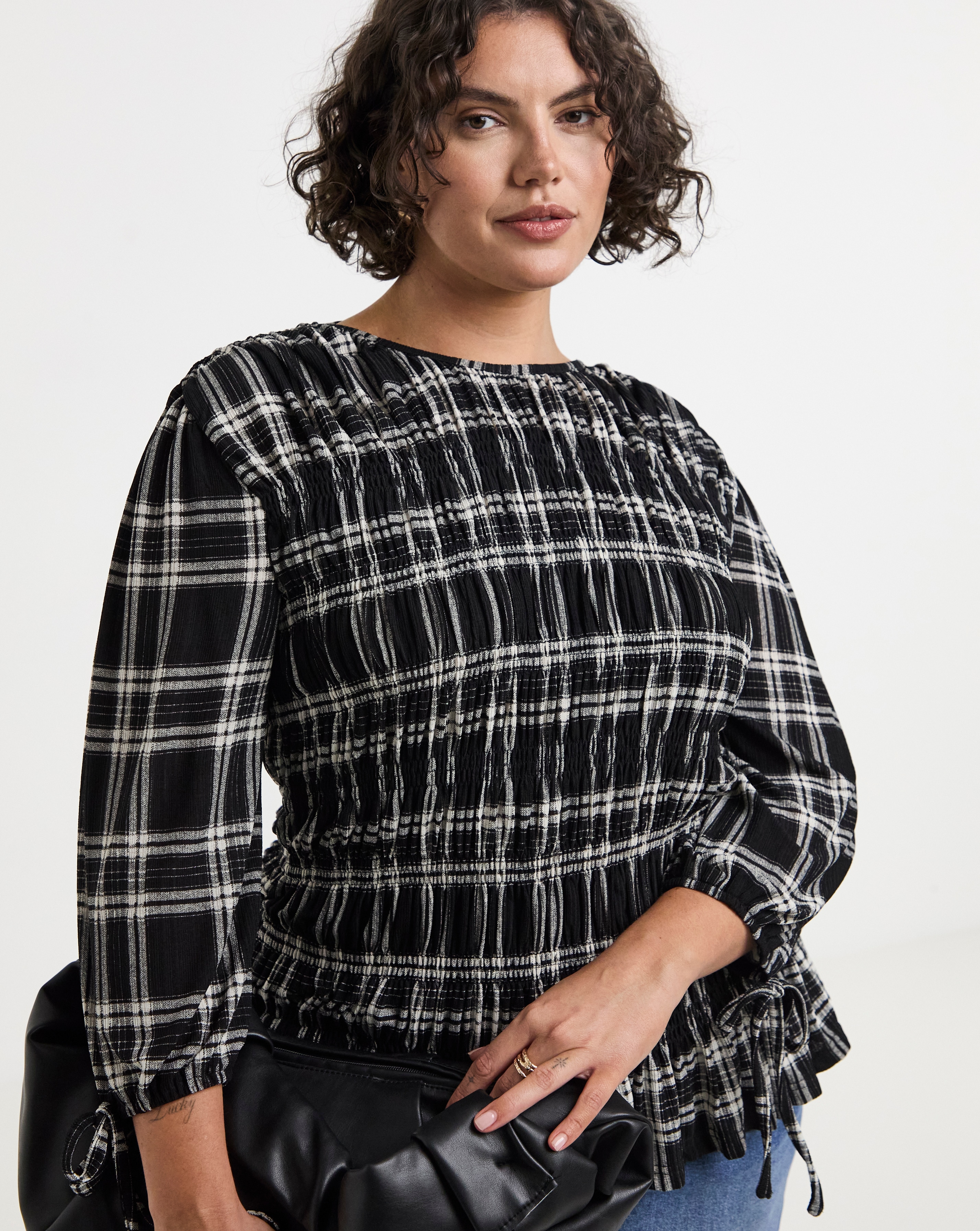 Simply Be Black Check Shirred Jersey Top