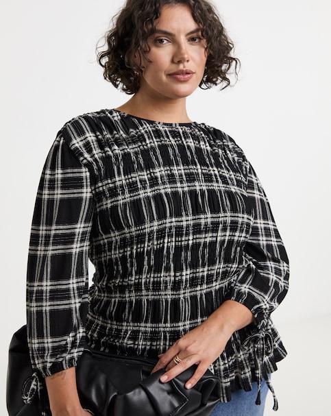 Simply Be Black Check Shirred Jersey Top