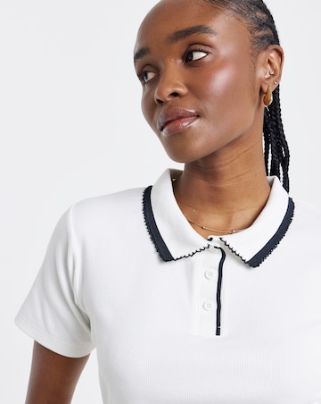 Simply Be Cream Short Sleeve Rib Polo Top with Black Tipping