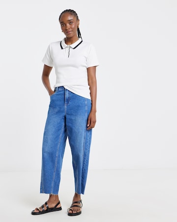 Simply Be Cream Short Sleeve Rib Polo Top with Black Tipping
