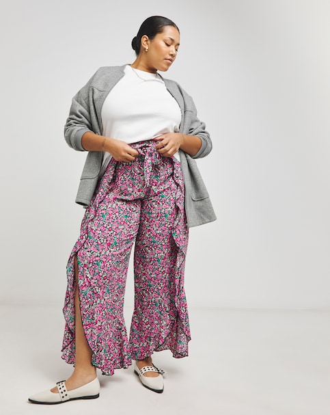 Ditsy Print Tie Ruffle Front Trousers