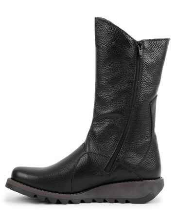 Fly London Mes Black Pebbled Leather Low Wedge Calf Boots