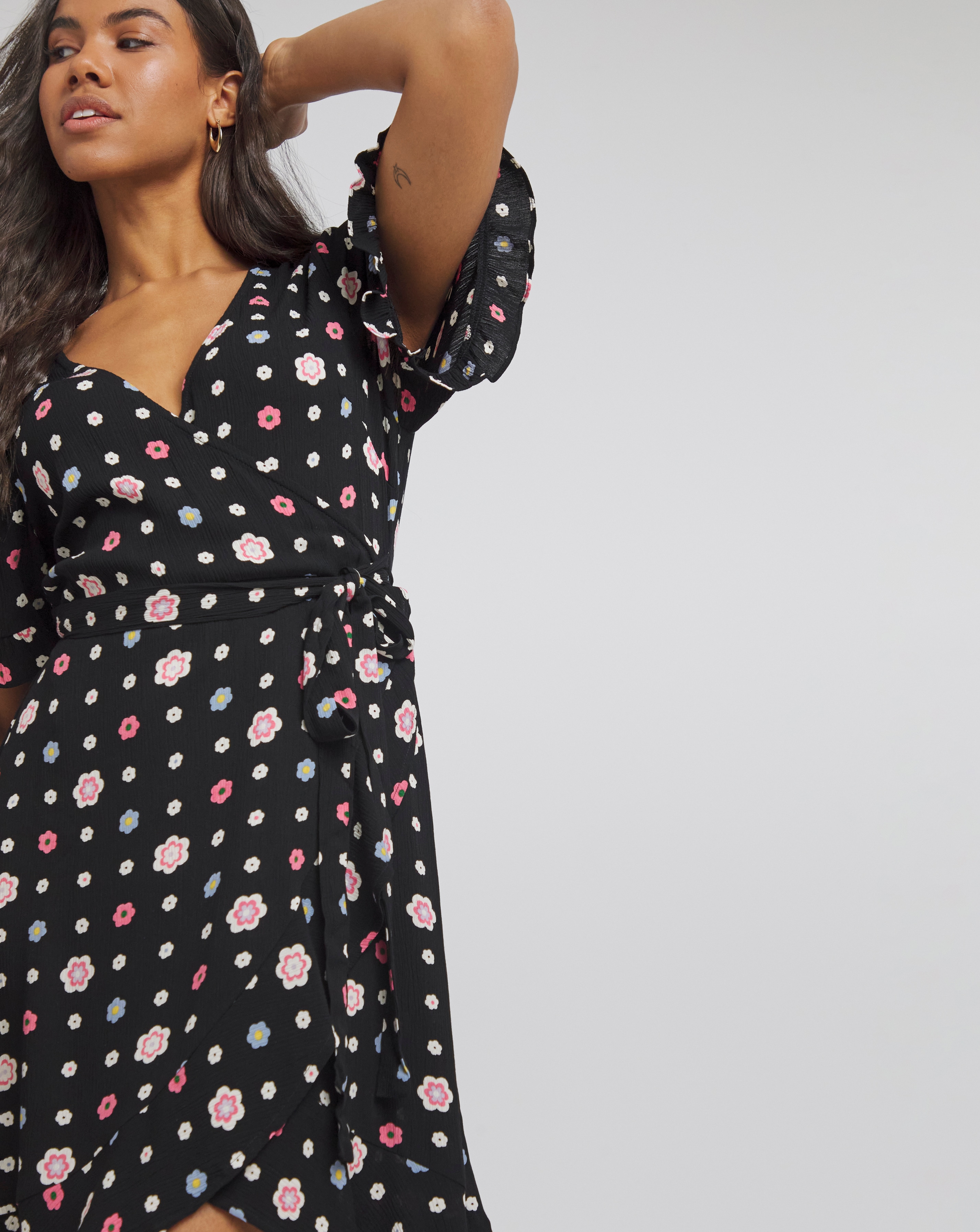 Printed Crinkle Wrap Skater Dress