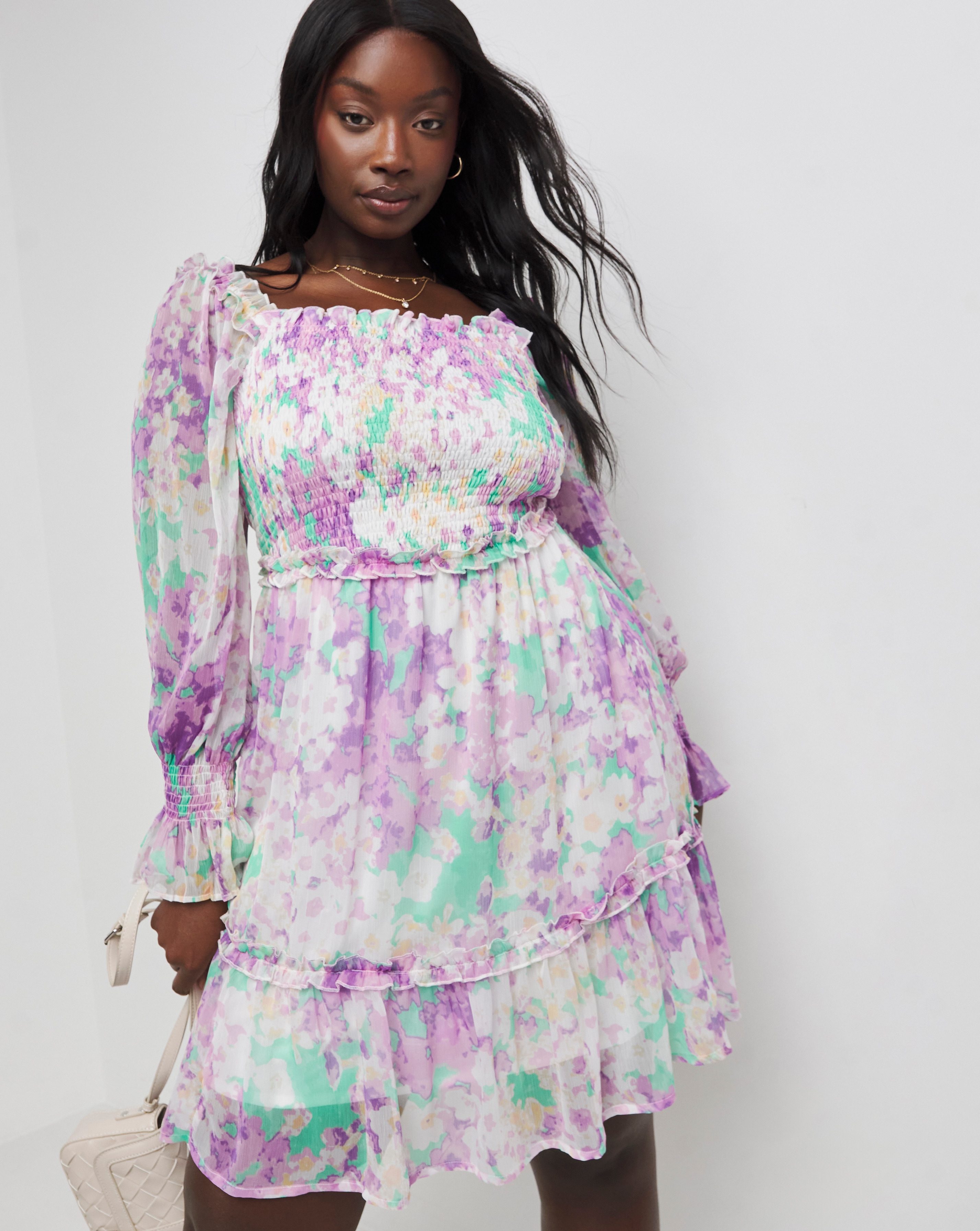 Shirred Long Sleeve Skater Dress