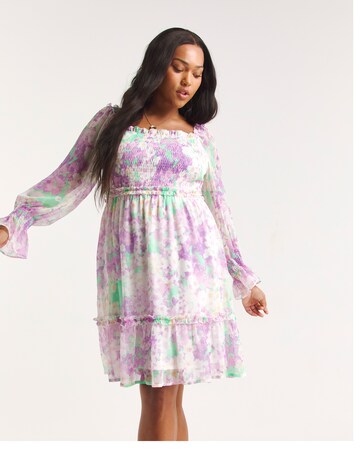 Blurred Floral Print Shirred Long Sleeve Skater Dress