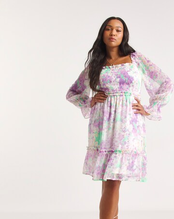Blurred Floral Print Shirred Long Sleeve Skater Dress