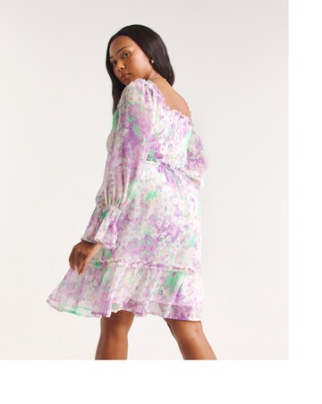 Blurred Floral Print Shirred Long Sleeve Skater Dress