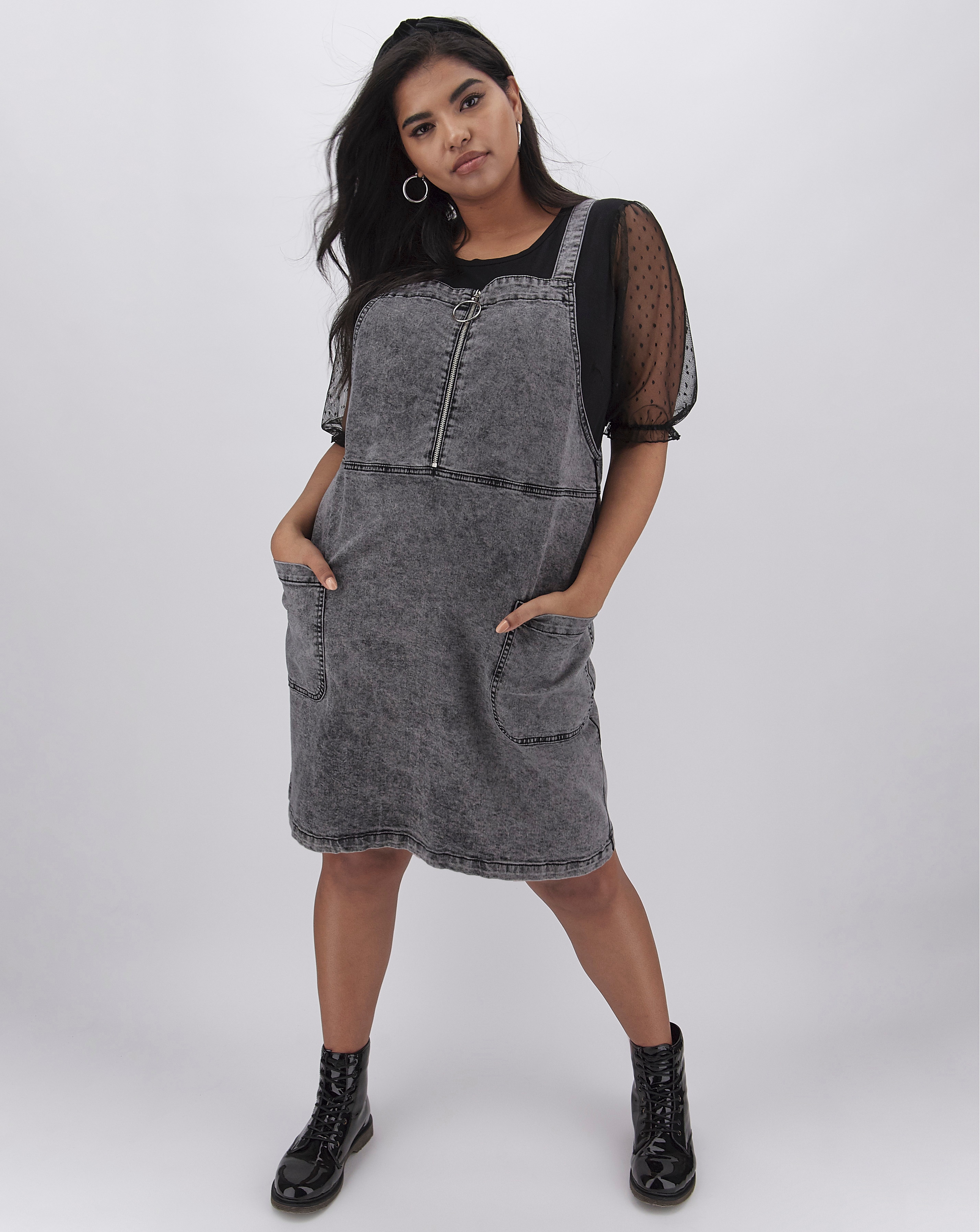 Grey Acid Zip Front Denim Pinafore Dress Simply Be