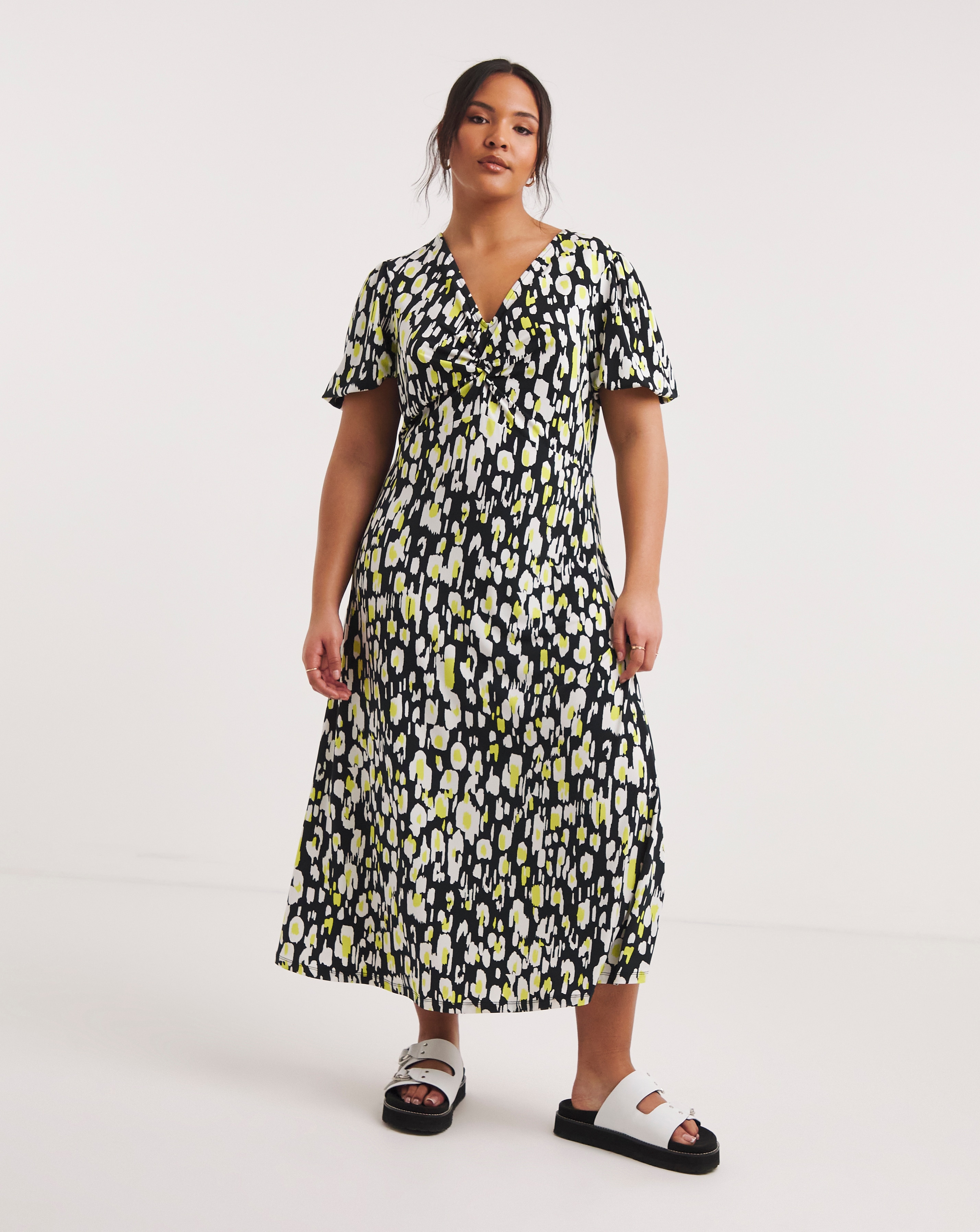 Mono And Lime Print Jersey Twist Front Midi Dress Simply Be