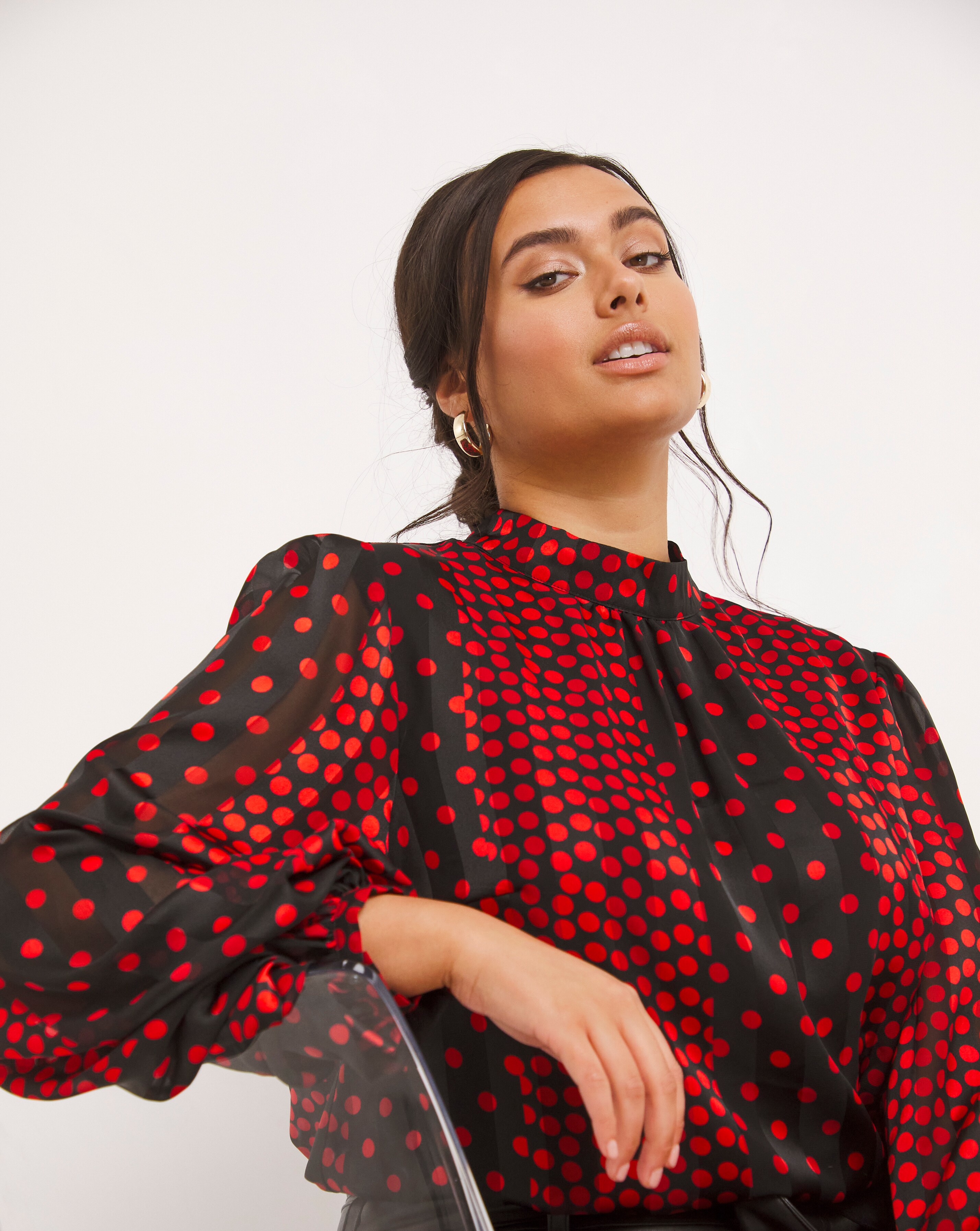 high neck elbow sleeve blouse