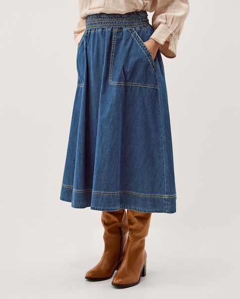 Monsoon Sophie Shirred Denim Midi Skirt