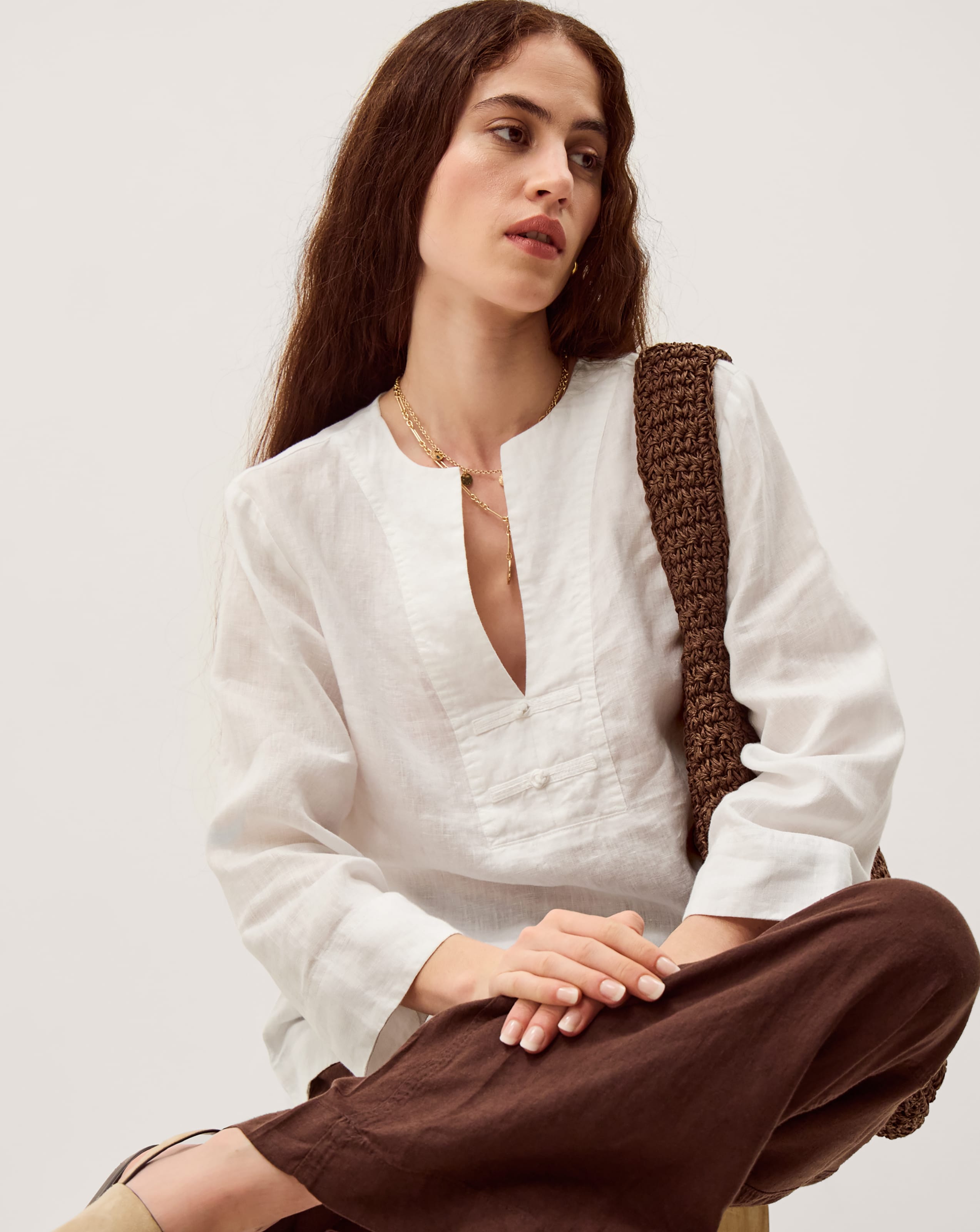 Monsoon Alexis Knot Button Linen Top - White
