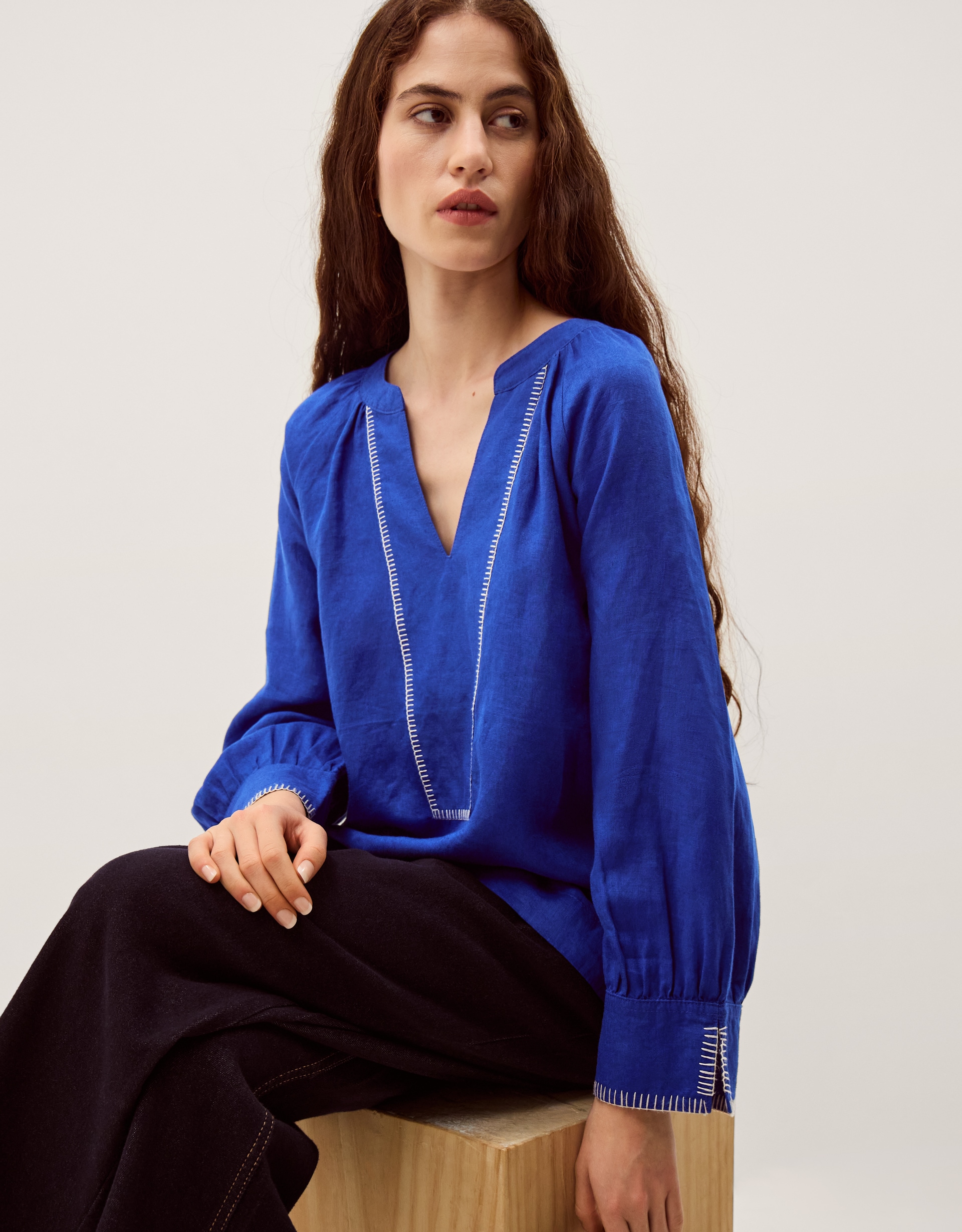 Monsoon Frida V-Neck Linen Blouse - Cobalt