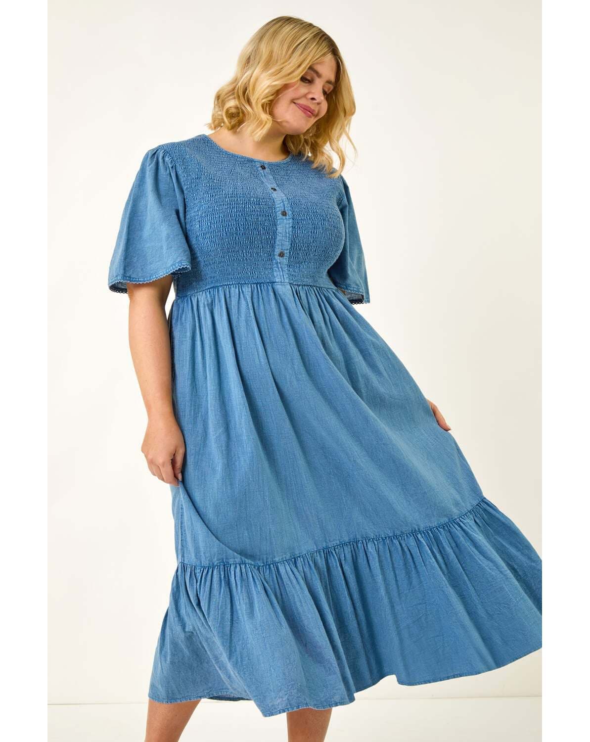 New In - Roman Curve Denim Shirred Midi Dress