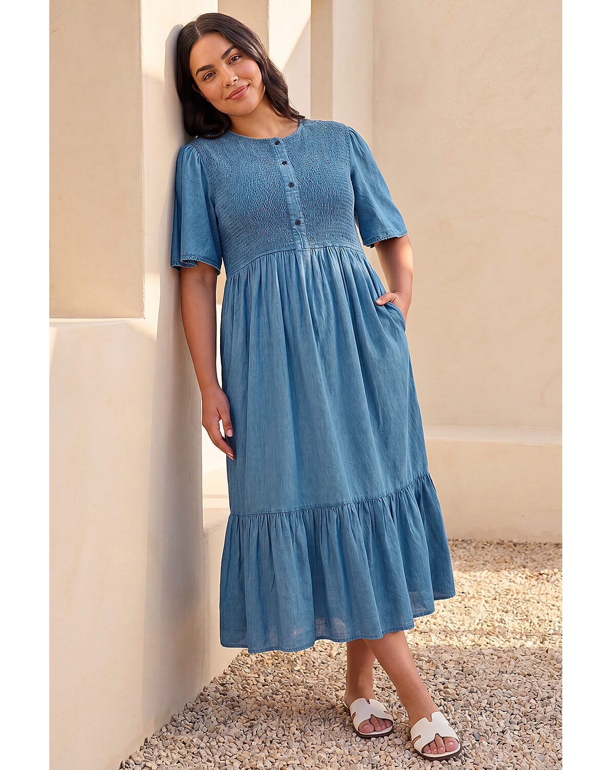 New In - Roman Curve Denim Shirred Midi Dress