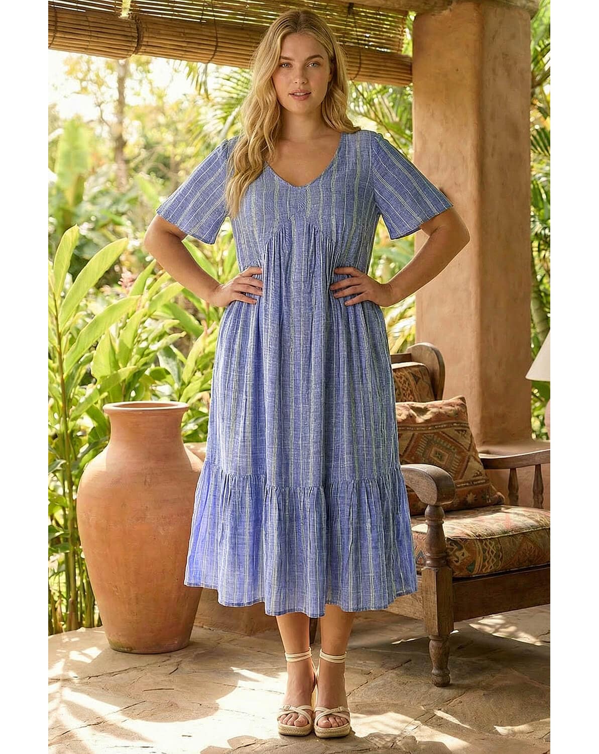 New In - Roman Curve Stripe Print Midi Dress