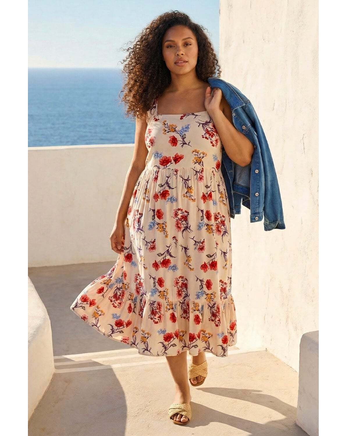New In - Roman Curve Floral Strap Midi Dress