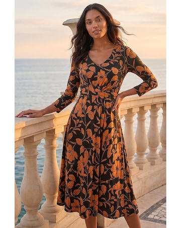 Roman Leaf Print Wrap Midi Dress