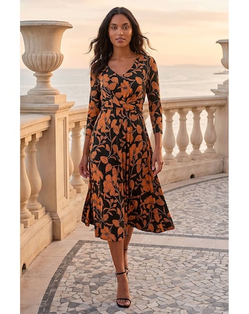 Roman Leaf Print Wrap Midi Dress