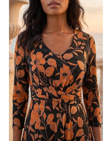 Roman Leaf Print Wrap Midi Dress