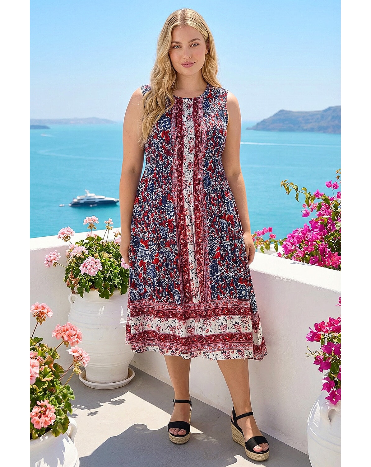 New In - Roman Curve Paisley Print Midi Dress - Red
