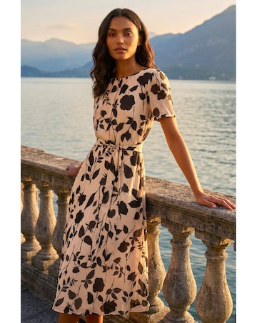 Roman Floral Print Pleat Neck Midi Dress