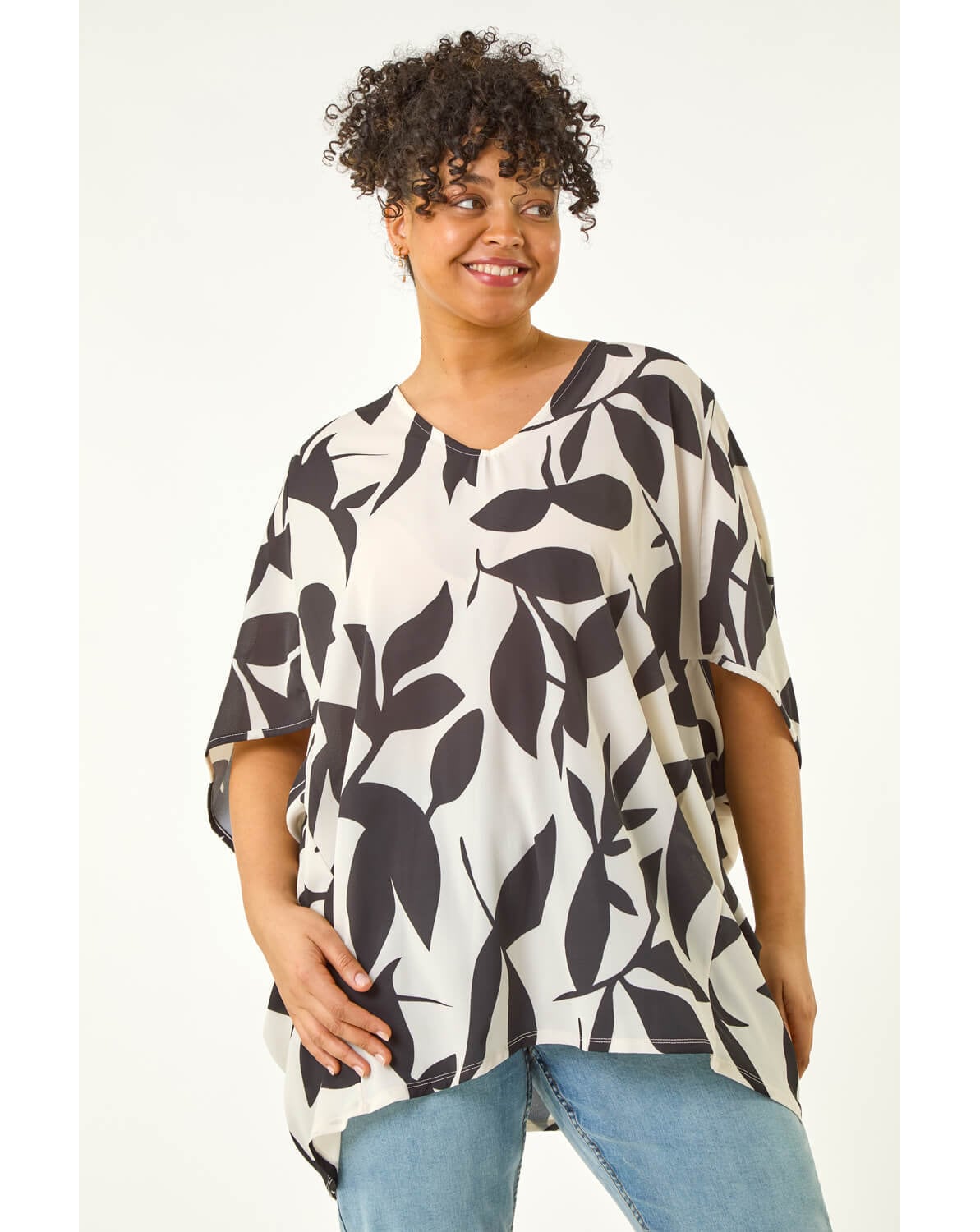 New In - Roman Curve Leaf Print Cocoon Top