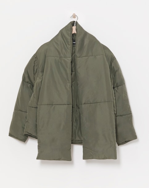 Khaki Round Neck Jacket With Scarf
