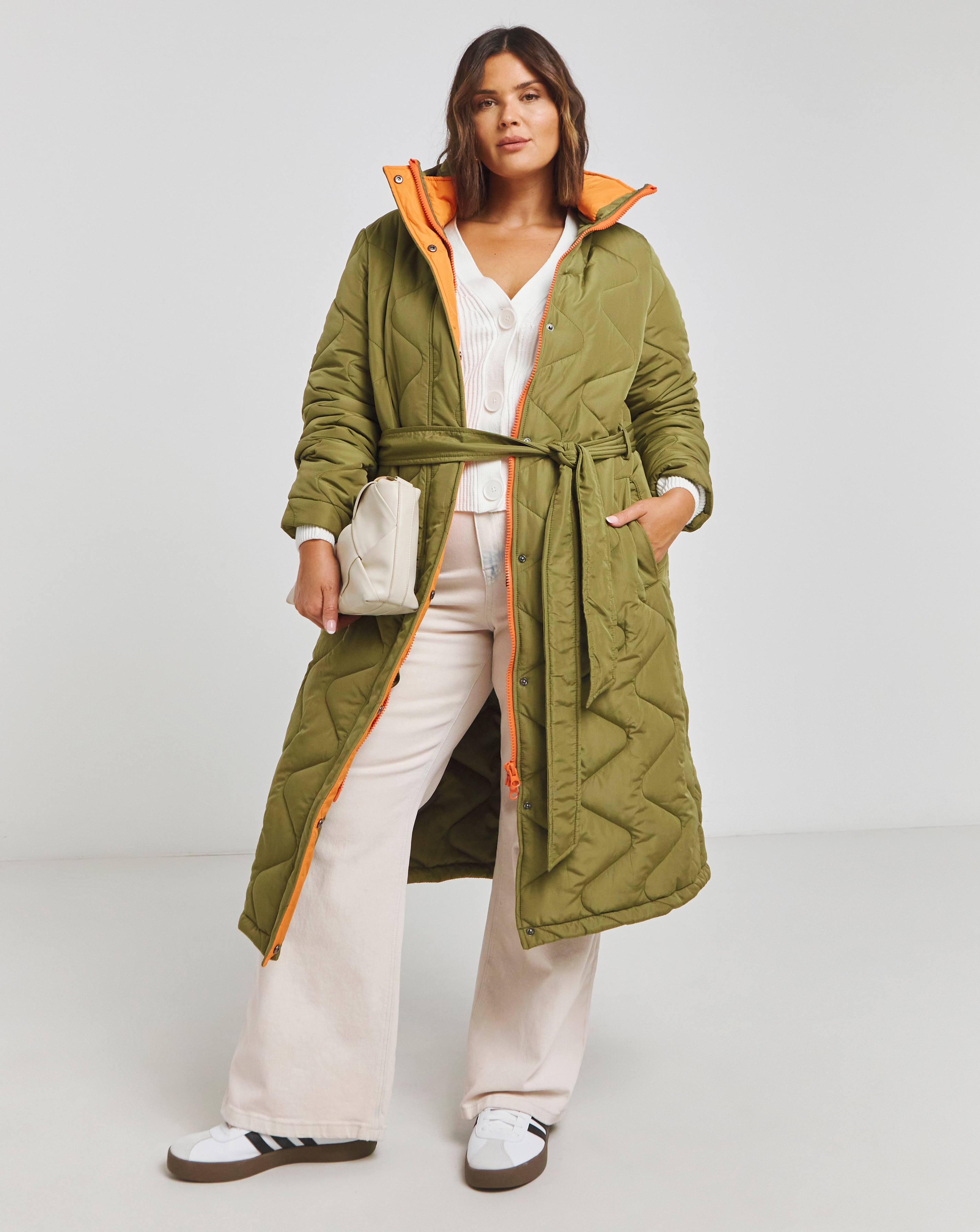 Khaki Zig Zag Quilt Longline Coat