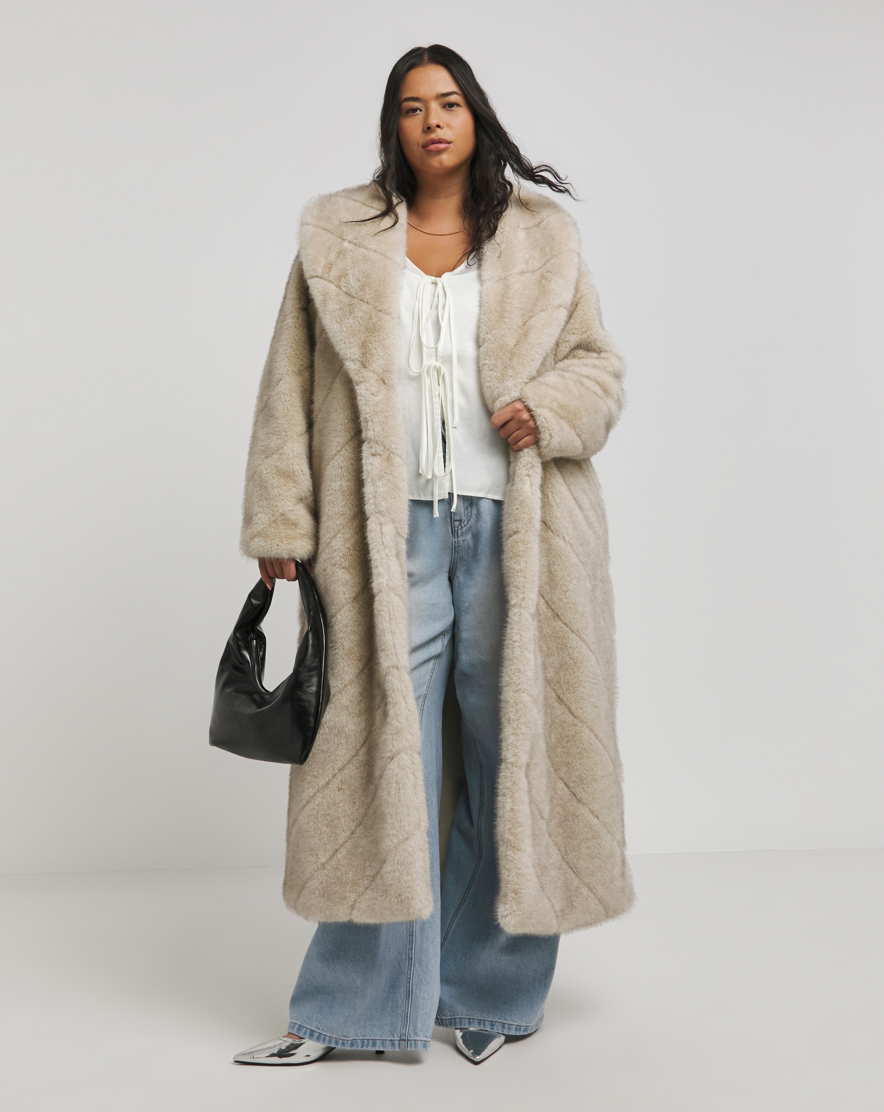 Cream Chevron Faux Fur Maxi Coat