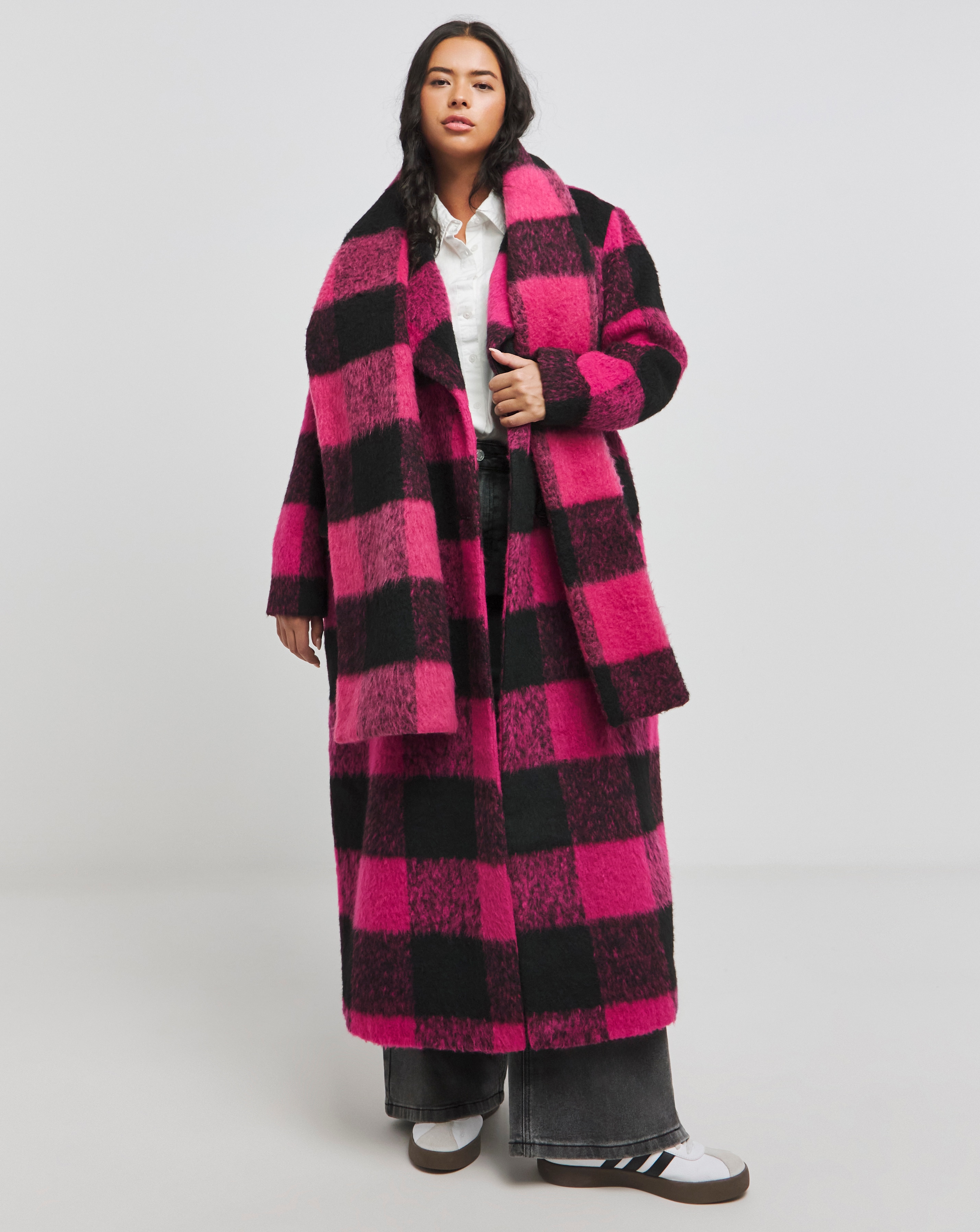 Pink Check Faux Wool Scarf Coat