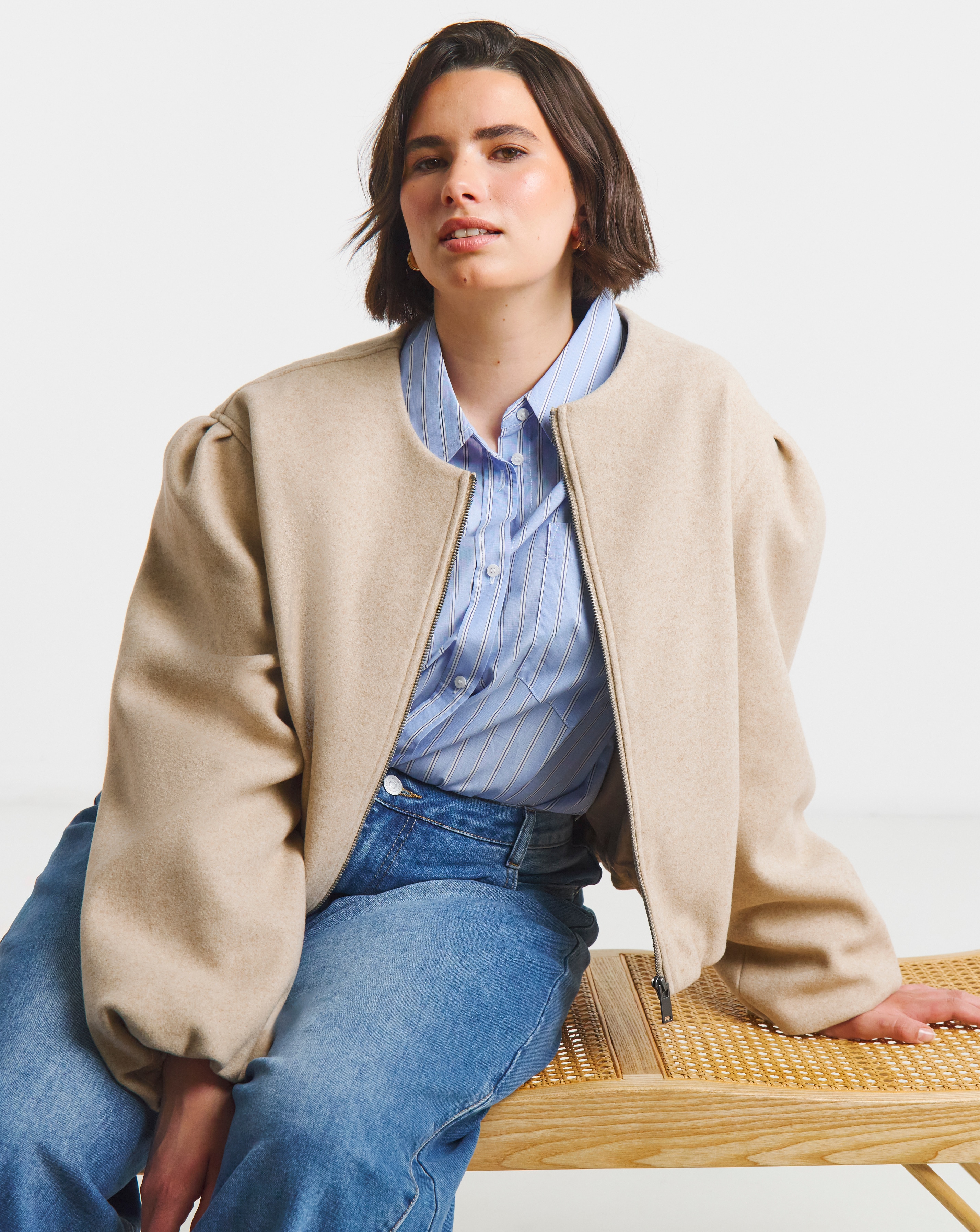 Neutral Bubble Hem Round Collar Jacket