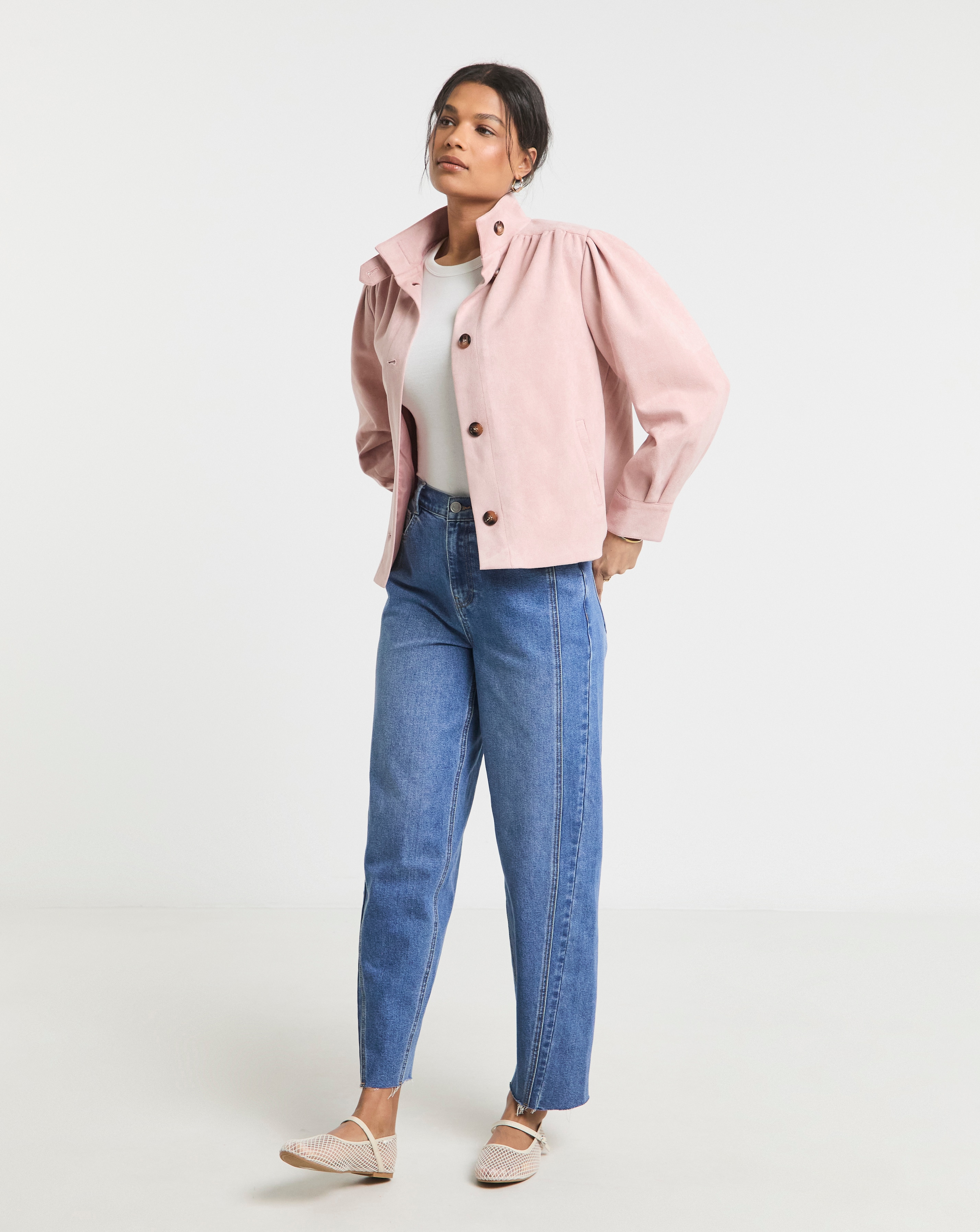 Soft Pink Funnel Neck Suedette Jacket