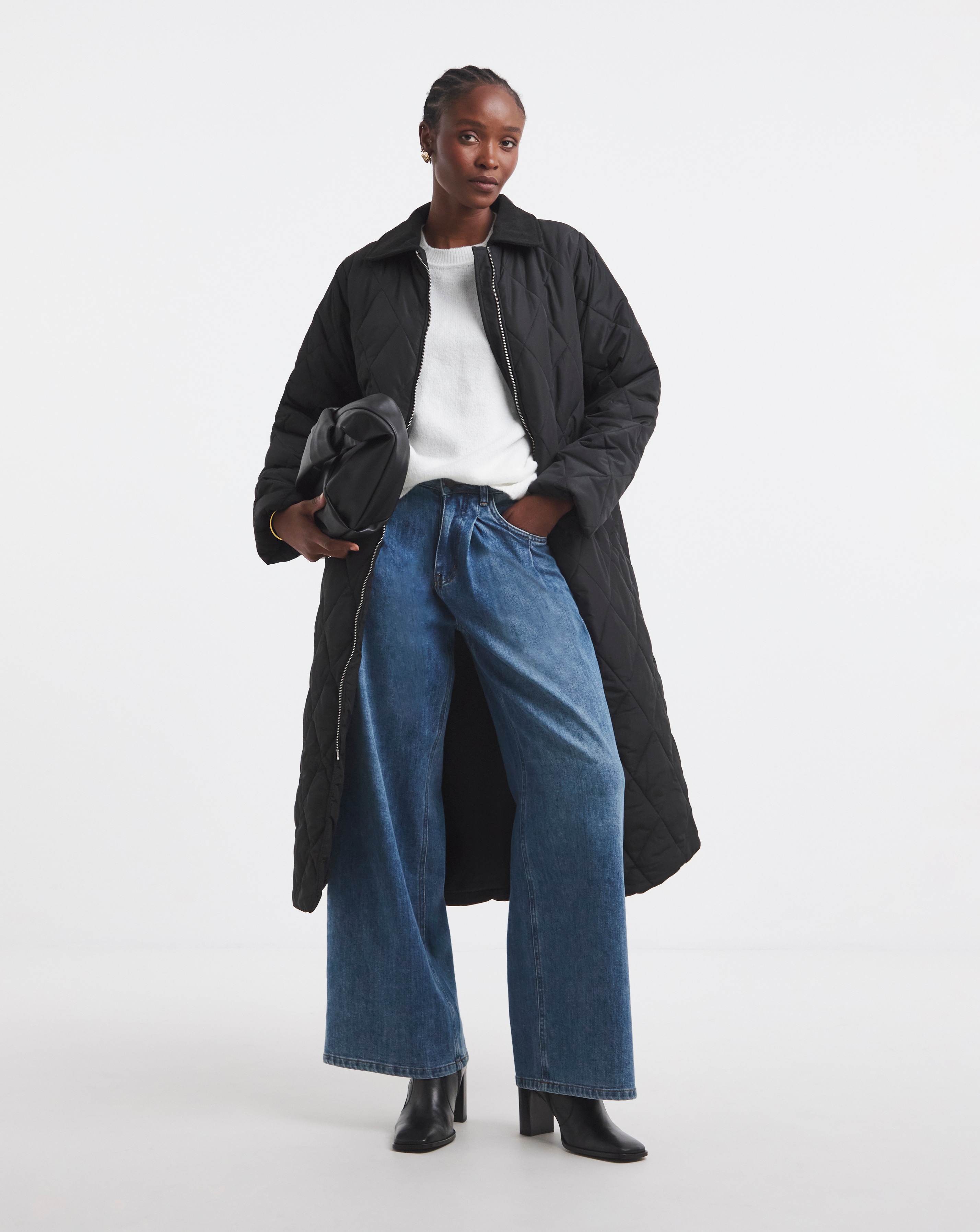 Black Cord Collar Quilted Longline Coat