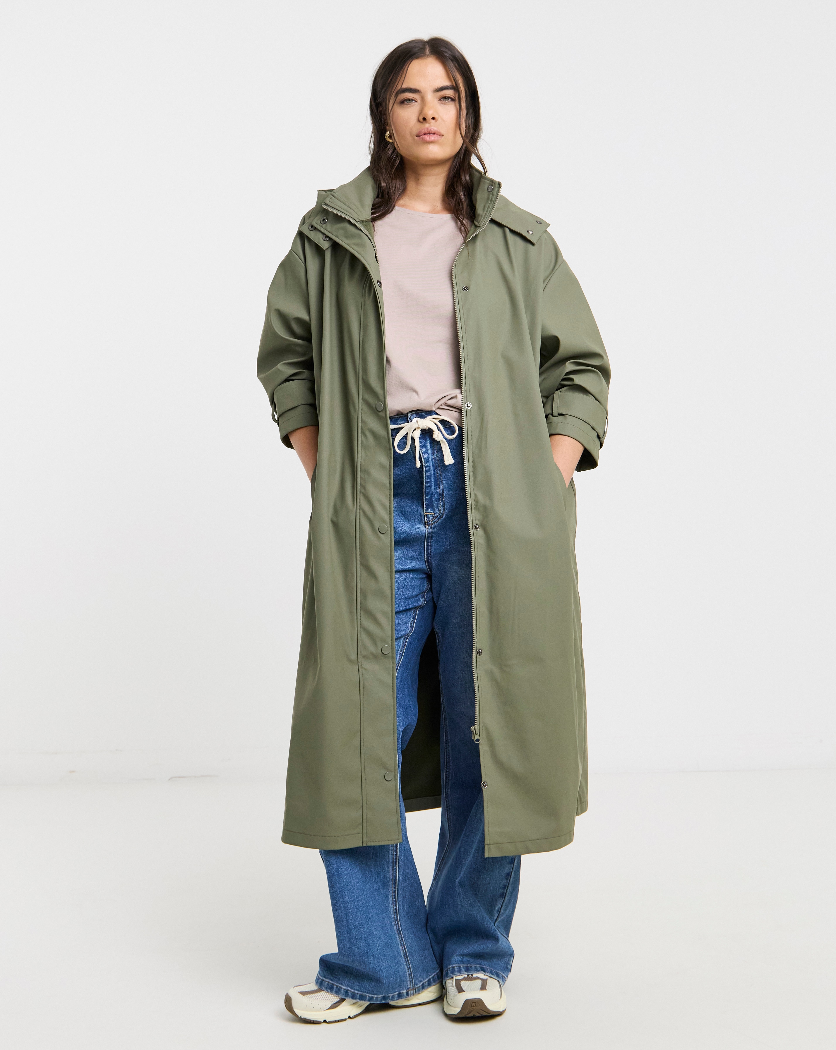 Olive Longline Rubberised Raincoat