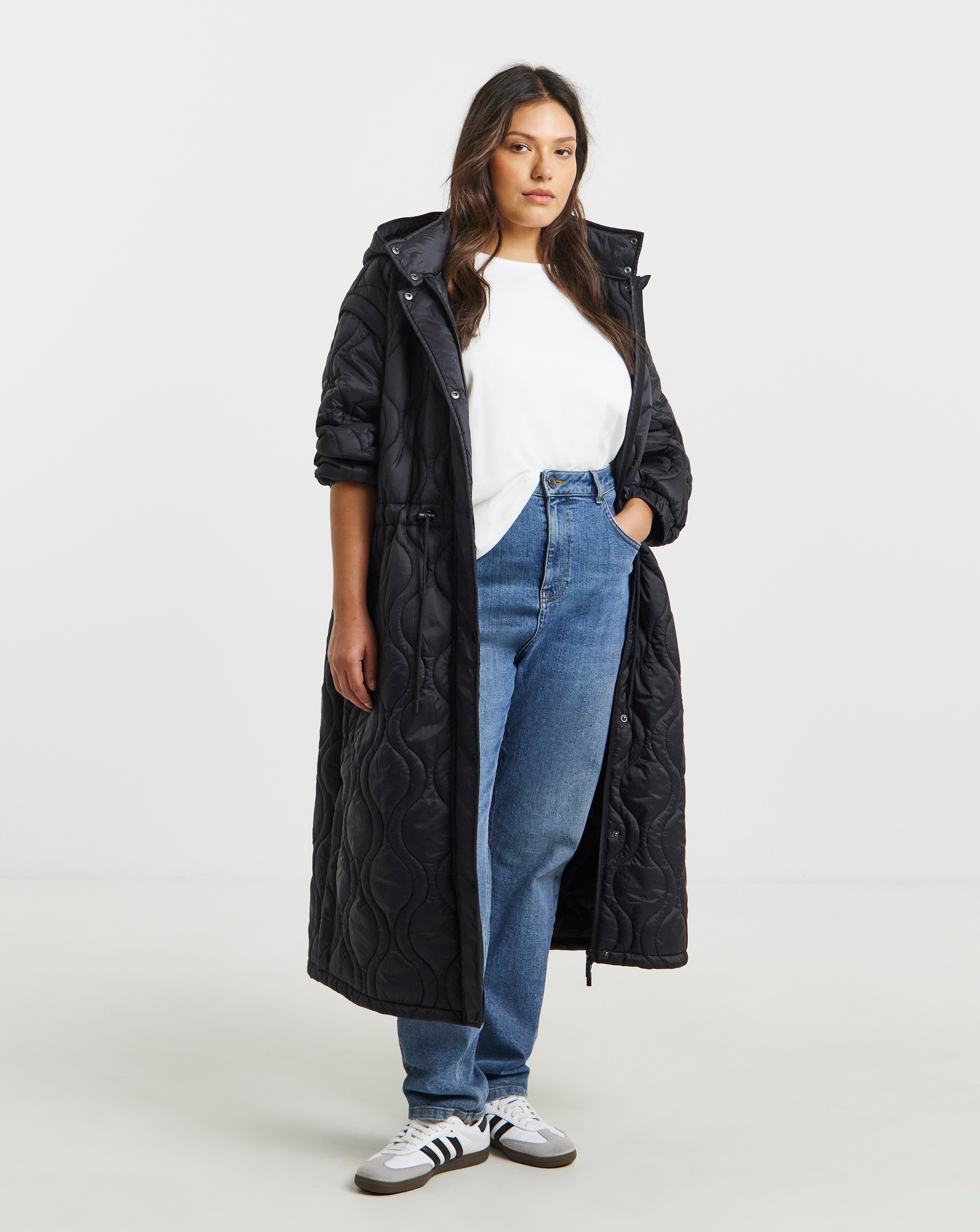 Black Adjustable Waist Quilted Coat